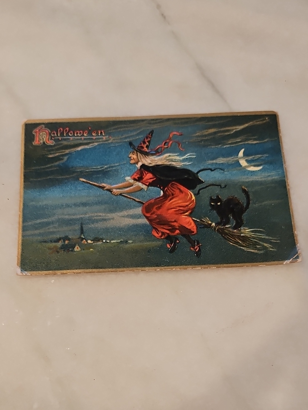 Antique Halloween Embossed Postcard 1909 Witch On Broom